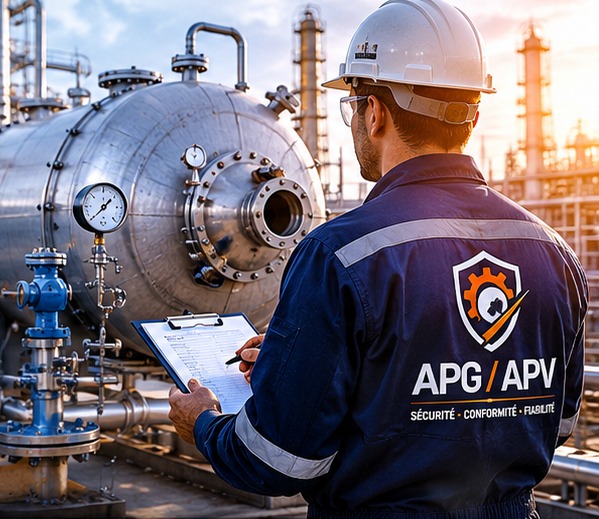 Illustration d’un inspecteur face à un appareil à pression dans une installation industrielle.
